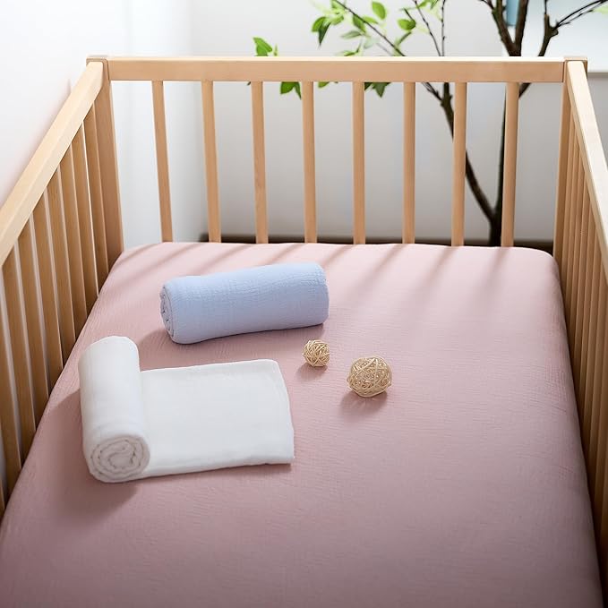 Meracorallo Muslin Crib Sheet, 100% Cotton Fitted Crib Sheet 28x52 Soft and Breathable Baby Boys Girls Cover for Standard Crib and Toddler Mattresses, Pink