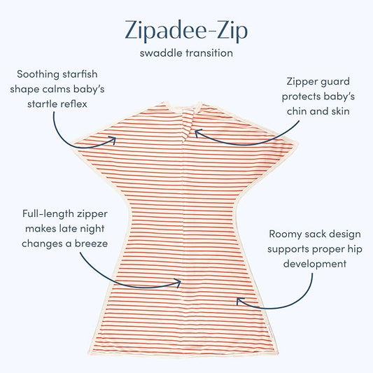 SleepingBaby Zipadee-Zip Transition Swaddle - Cozy Baby Swaddle Blanket with Zipper Convenience - Roomy Wearable Blanket for Easy Diaper Changes - Stripes Strawberry/Cream, Medium (6-12 Month)