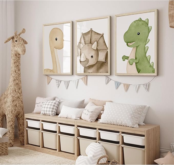 Dinosaur Wall Art Kids Boys Room Canvas Wall Decor Dino Nursery Wall Art Pictures Baby Dinosaur Poster Prints for Boys Bedroom Bathroom 16x24 Inch Wood Framed Set of 3