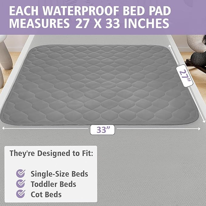 Lynmark® Toddler Potty Training Bed Pads - Soft Waterproof Bedwetting Pee Protector Mat for Kids - Multi-Layer Non-Slip Washable Incontinence Mattress Sheet Absorbs Up to 2000ml - 33" x 27", Grey