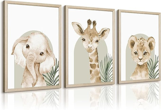 Animal Wall Art Pictures Baby Nursery Canvas Wall Art Decor Safari Animal Prints Jungle kids Wall Art Woodland Nursery Wall Decor Giraffe Jungle Poster for Room 16x24 Inch Wood Framed Set of 3