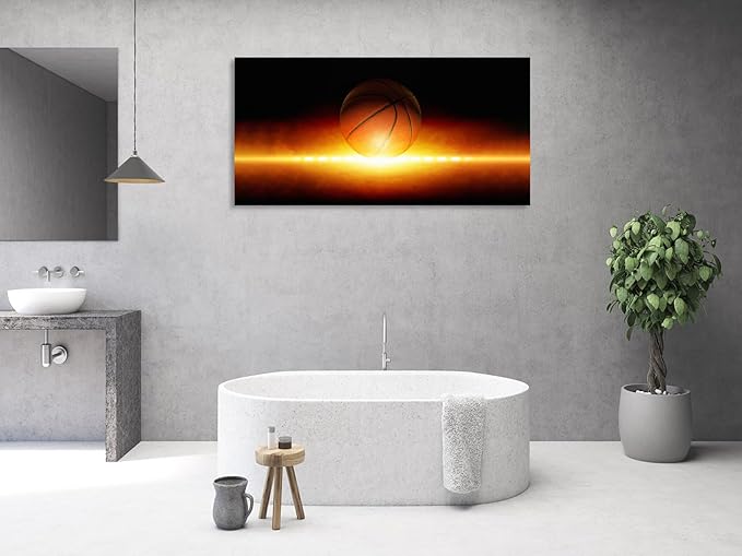 KUNHAAH Wall Art Canvas Painting Abstract Sports Background 1 Piece Basketball Bright Spotlight from Glowing Horizon Picture Poster Print Framed and Stretched Ready to Hang for Living Room Bedroom
