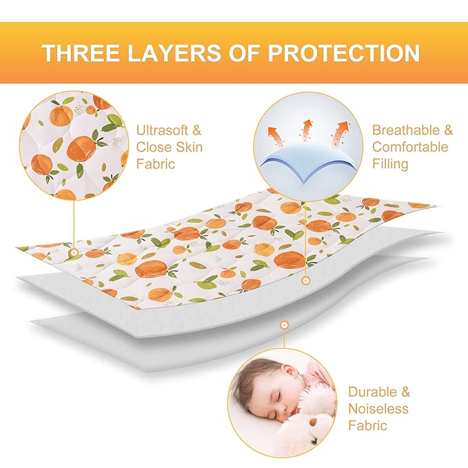 TILLYOU Pack and Play Sheet - Soft Quilted Crib Cover Pad, Toddlers Mattress Protector with 1''-3'' Deep Pocket, Thick Play Yard Playpen Sheets, Crib Mattress Pad, 39"x27", Orange Flavour
