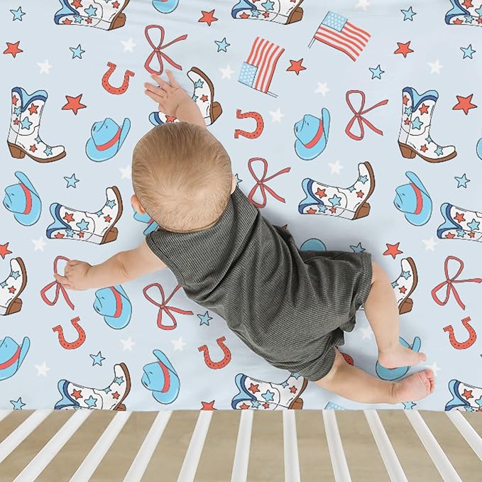 July 4th Western Cowboys Baby Crib Sheets for Boy 52"x28" Cowboy Boots Hat American Flag Stars Bows Soft Snug Fitted Crib Mattress Cover Patriotic Baby Sheet for Standard Crib & Toddler Bed Mattress