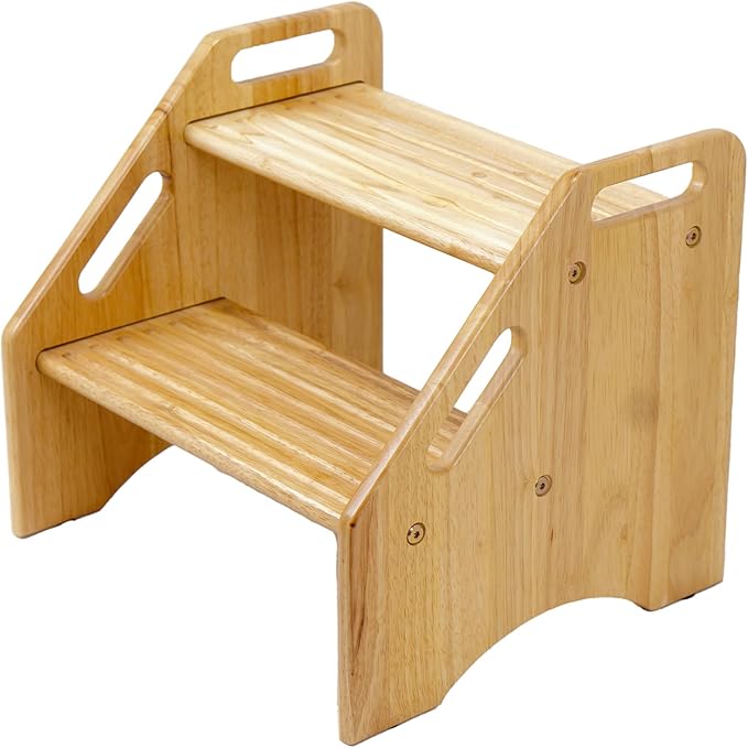 NABYTOK Wooden Step Stool for Toddlers and Adults, 300 lbs Capacity, Two Tier Bathroom Stool with Handles, Lightweight Non-Slip Pads, for Toilet, Sink or Kitchen Use