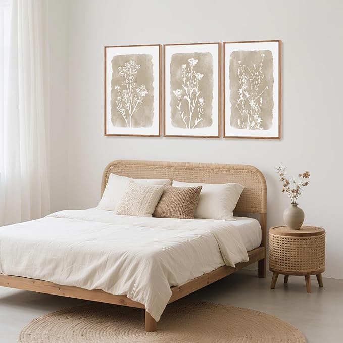 CHDITB Neutral Botanical Wall Art Set of 3, 24"x36" Large Framed Boho Farmhouse Wall Decor, Modern Minimalist Floral Wall Painting, Rustic Wildflower Canvas Art Prints for Living Room, Bedroom