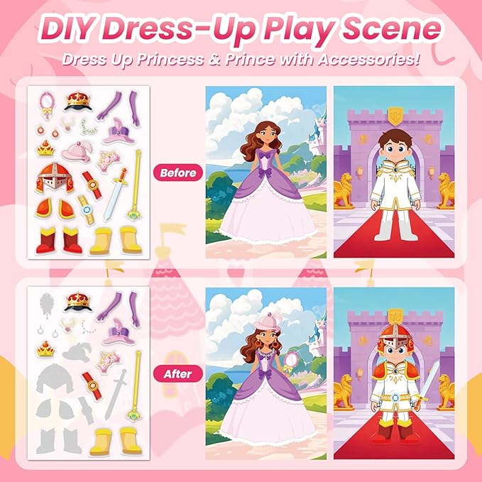 Princess Reusable Sticker Book for Toddlers, DIY Princess Accessories Fun Jelly Stickers, Washable Puffy Stickers for Kids Toys, Airplane Road Trip Travel Activities Essentials for Kids 3 4 5 Years
