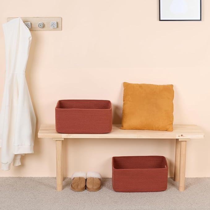 MiniArk Large Storage Baskets for Organizing, Closet Shelf Baskets for Clothes Blanket Towels, Baby Nursery, Toy Bins Box, Woven Rope Baskets, 17 x 13 x 7.5”, 4 Packs Oxide Red