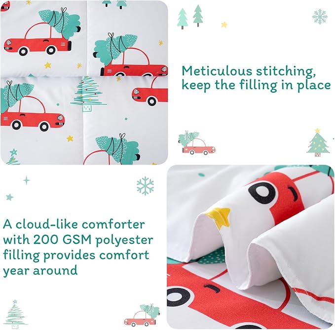 JSD Red Cars Christmas Tree Toddler Bedding Set, 4 Piece Bed-in-Bag Comforter Sheet Set, Machine Washabale Comfortable