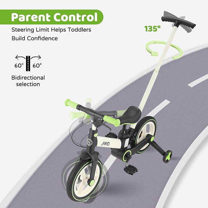 JMMD 6 in 1 Toddler Bike with Push Handle for Kids 18-60 Months, 12" Foldable Balance Bike with Training Wheels, Pedals, Brakes, Kickstand, Push Tricycle Toddler Gift & Toys for Boy & Girl