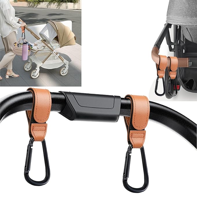4 Pcs Leather Stroller Hook, Mommy Stroller Clip, Stroller Accessories Organizer Hook, Metal Hook for Strollers/Walkers/Mobility Scooter/Wheelchair/Rollator(Brown)