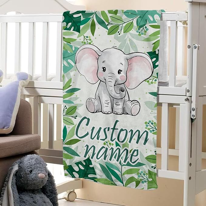 Personalized Baby Crib Bedding Set: 4 Piece Custom Gift Crib Bed Set with Name - Green Elephant Design, Nursery Bedding Set for Baby Girls,Newborn Girls Crib Sets, Crib Bedding Shower Gifts
