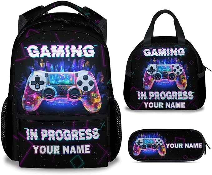 COZYAURA Personalized Backpacks for Boys - 3Pcs Video Gaming Bookbag for Kids - Gamer School Bag for Boys - Kids Backpacks with Lunch Box Pencil Case Set