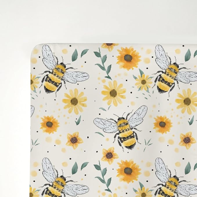 Boho Bees Sunflowers Baby Crib Sheets for Boy Girl 52"x28" Watercolor Bee Yellow Floral Soft Snug Fitted Crib Mattress Cover Spring Summer Baby Sheet for Standard Crib & Toddler Bed Mattress