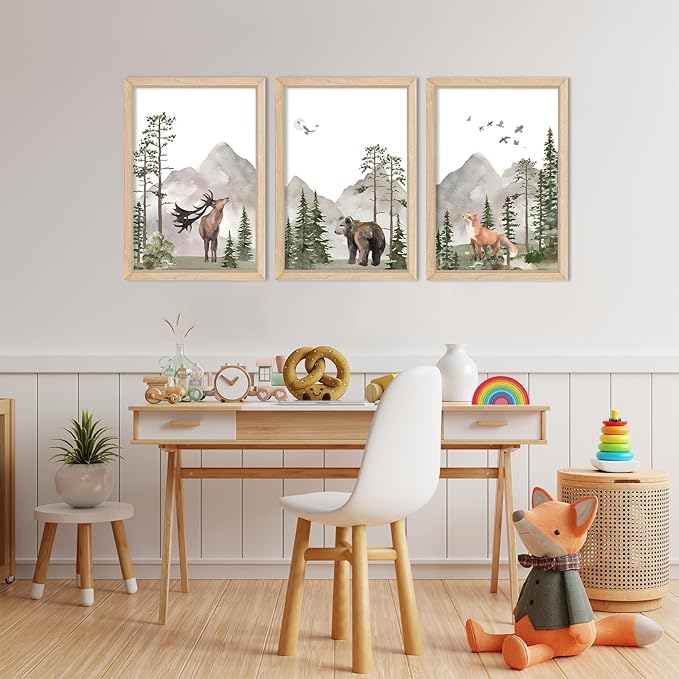 YWJKWLGS Wild Woodland Animals Nursery Wall Art Decor 11"×16" Set of 3 Jungle Theme Safari Forest Deer Bear Fox Posters Wood Framed Sign for Children's Boys Girls Room Watercolor Prints Hanging (Wood)