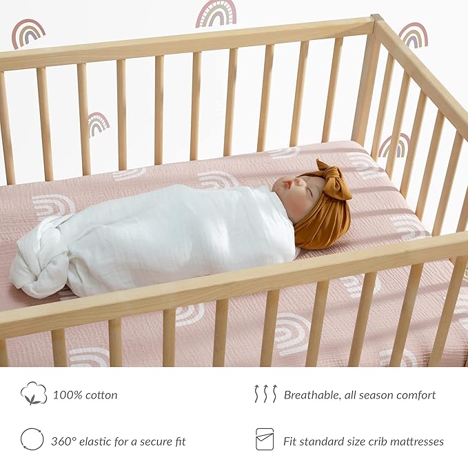 Meracorallo Muslin Fitted Crib Sheet, Soft and Breathable Rainbow Baby Crib Sheet for Standard Crib and Toddler Mattresses