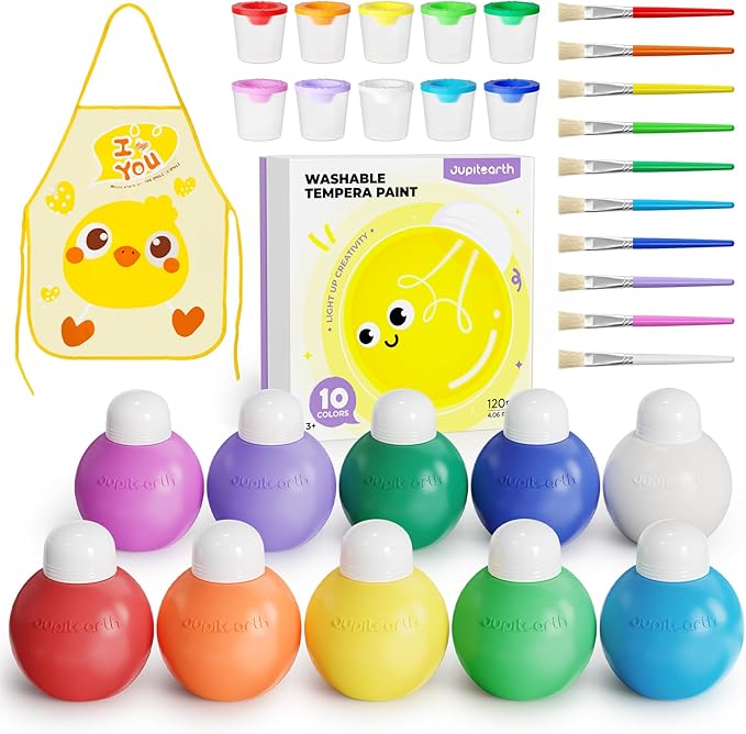 JUPITEARTH 10 Colors Washable Tempera Paint Set, 4.06oz(120ml) Non Toxic Finger Paints for Toddlers and Kids, Included Brush, Cups, Art Smock