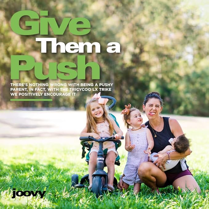 Joovy Tricycoo LX Premium Kids Tricycle with 8 Stages Featuring Chunky Front Tire, Removable and Adjustable Parent Handle, Safety Harness, Machine-Washable Seat Pad, and Retractable Canopy, Pine