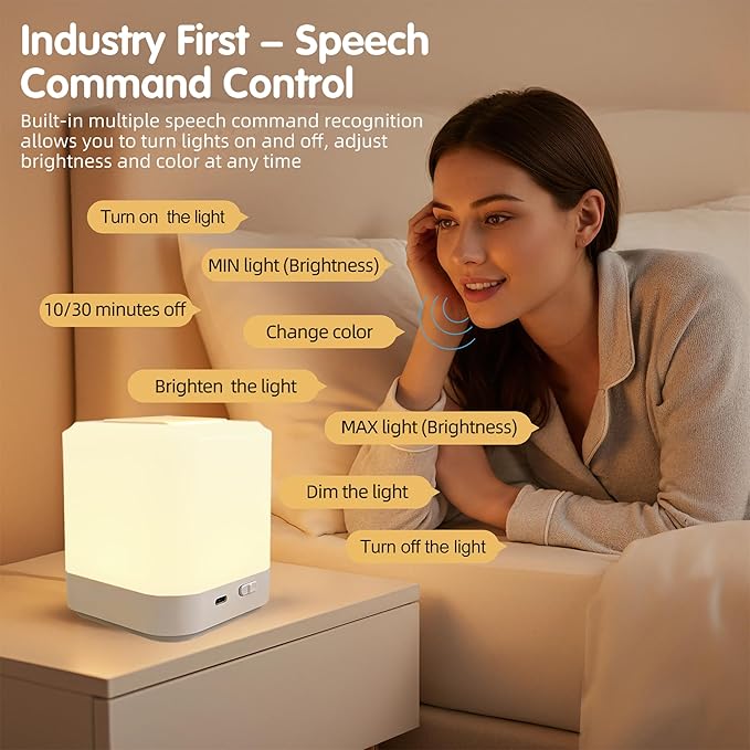 LIPKAHH Touch Lamp for Nightstand,Speech Control Bedside Lamp Touch Control for Bedrooms,Smart Rechargeable Night Light,Eye Caring Battery Dimmable Night Lamp for Nursery Kids & Adult