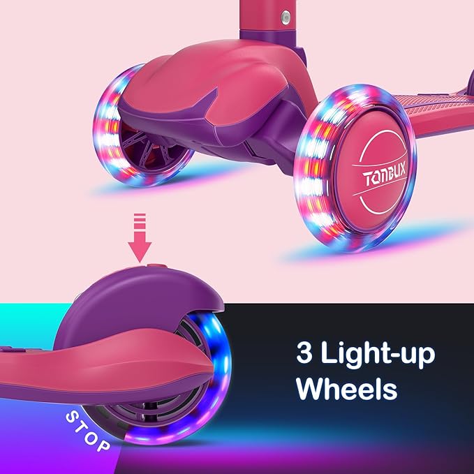 TONBUX Kids Scooter, Light Up 3 Wheel Kick Scooters for Kids 3-12, Folding Scooters with Adjustable Height - Toddler Scooter Lean-to-Steer & Widen Anti-Slip Deck