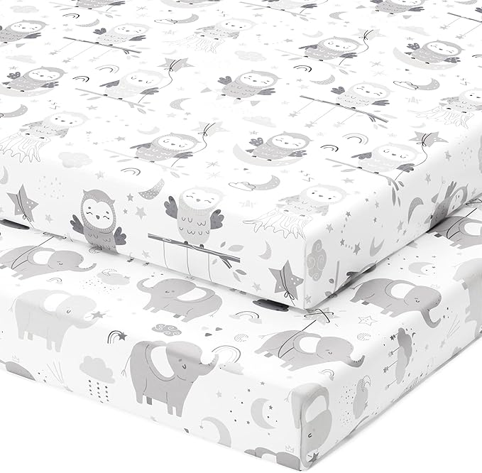 Baby Fitted Crib Mattress Sheets Set for Boys and Girls – Snuggly Soft 100% Jersey Cotton Toddler Bed Sheets – Grey White Elephant, Star, Cloud, Moon, Owl – 2 Pack
