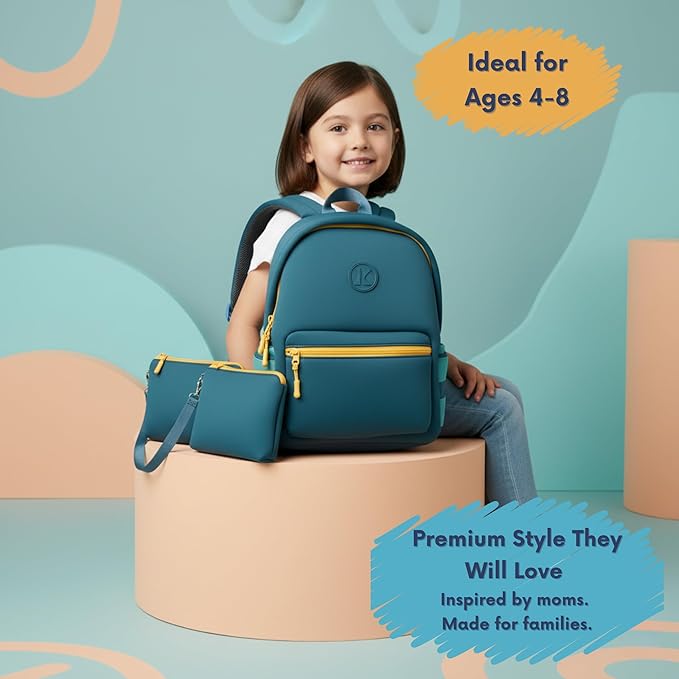 Kaywee 3pc Neoprene Kids Backpack SET 13inch | 2 zipper pouch & AirTag holder for kids | Preschool backpack for school | BLUE Toddler backpack boy and girl Ages 3-8
