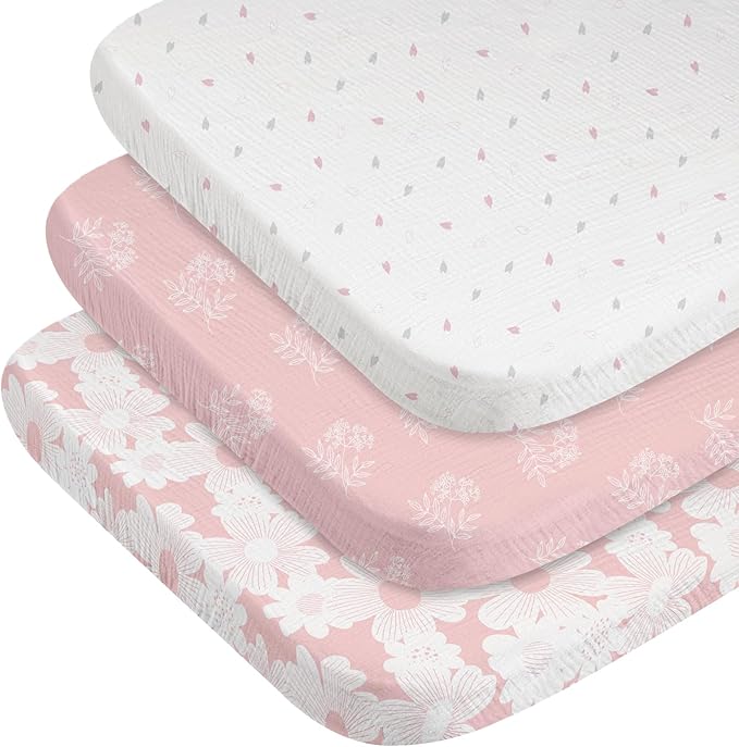 Gllquen Baby Muslin Mini Crib Sheets 3 Pack, Breathable Pack and Play Sheets Fitted Soft Cozy Cotton Pack N Play Sheets for Baby Boy Girls, Universal Fitted Mini Crib Mattresses 38"x26" (Pink)