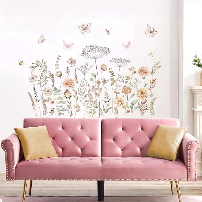 fufuquare Watercolor Boho Wildflower Wall Decals Dandelion Flower Grass Butterfly Wall Stickers Vintage Art Baby Nursery Girls Bedroom Kids Living Room Home Decor