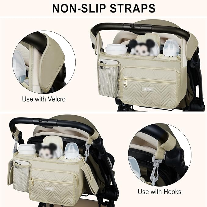Universal Stroller Organizer with Insulated Cup Holder,Stroller Caddy Bag with Wet Wipes Pocket,Stroller Accessories Fits for Uppababy,Doona,Jogger,Britax,Mompush,BoB Strollers,Apricot