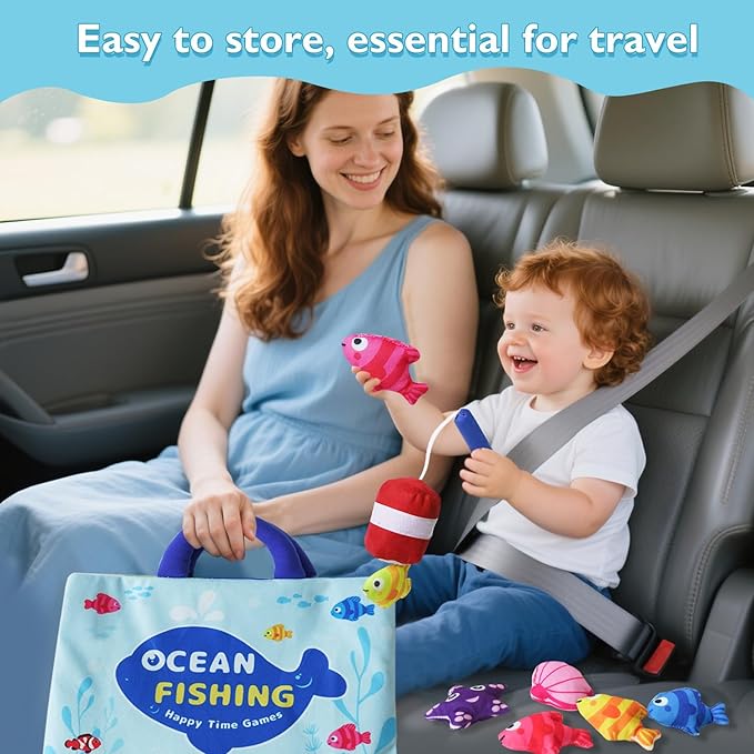 Montessori Toys for Toddlers, 29-Piece Cloth Fishing Game Set with Stacking Cups, Perfect for Toddler Birthday Gifts, Sensory Fishing Toy for Babies, Double Fishing rods