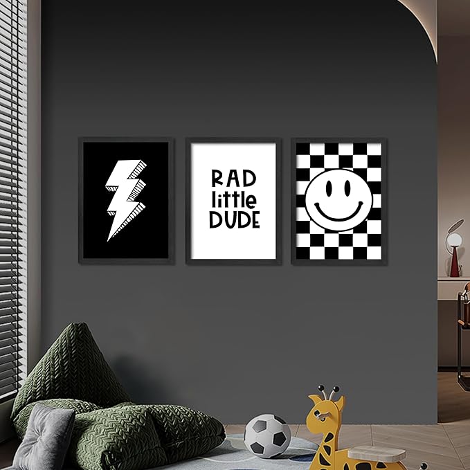 arfitest Boy's Room Wall Art Children's Canvas Wall Decoration Black Checkered Smiling Face Poster Picture Retro Game Room Bedroom Art Print 12x16 inch Frame 3-Piece Set