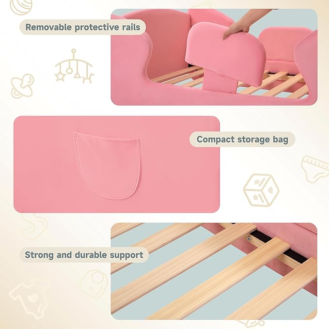 Toddler Floor Bed Frame with Removable Safety Rails and Storage Bag, Kids Bed for Girl and Boys, Standard Crib Size Portable Beds, Safety Upholstered Child Beds, Low to Floor Design