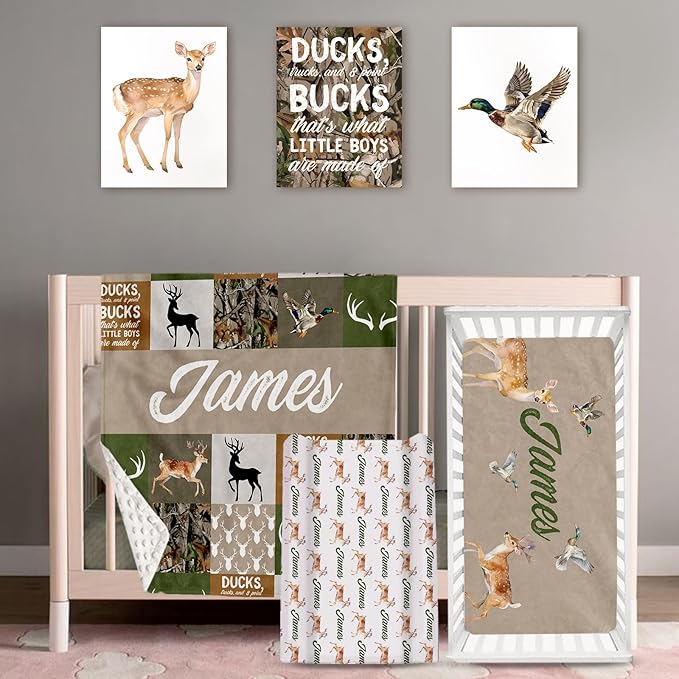 Personalized Baby Crib Bedding Set: 4 Piece Custom Gift Crib Bed Set with Name - Multi-grid Deer Design, Nursery Bedding Set for Baby Girls,Newborn Boys Girls Crib Sets, Crib Bedding Shower Gifts