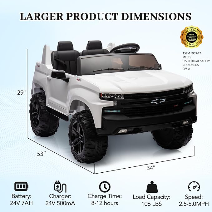 GarveeLife 24V 2-Seater Truck Licensed Chevrolet Silverado Ride On Car Kids Toy, Electric Vehicle Car for Toddlers with Parent Remote Control, White