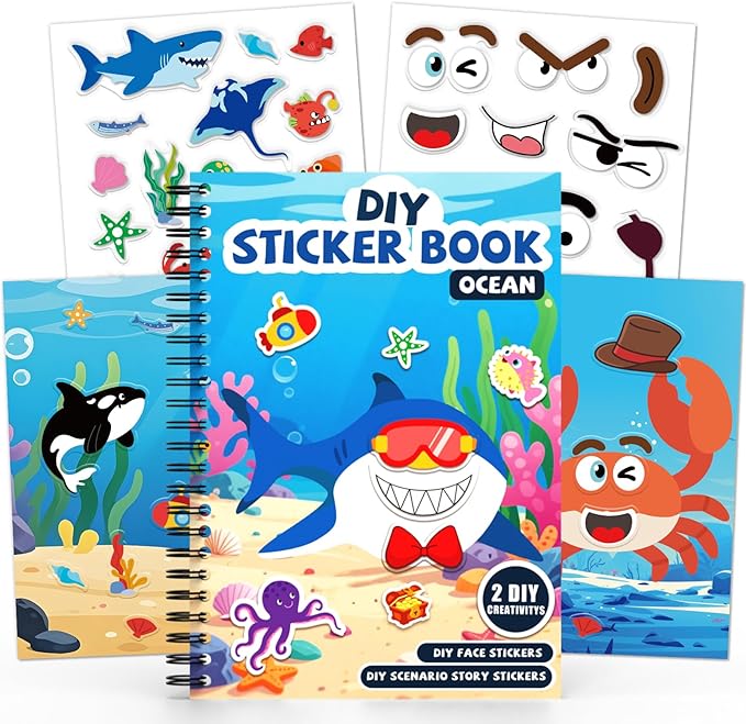 Ocean Reusable Sticker Book for Toddlers, DIY Make-a-face Animals Fun Jelly Stickers, Washable Puffy Stickers for Kids Toys, Airplane Road Trip Travel Activities Essentials for Kids 3 4 5 Years