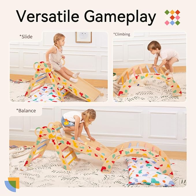 wingyz Pikler Triangle Climbing Set with Cushion,Foldable 8 in 1 Jungle Gyms for Toddlers 1-3, Indoor Playground for Kids,Baby Montessori Climber Gift（Rainbow）