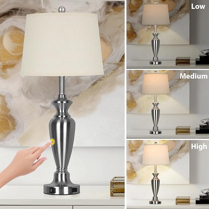 Cinyirong 30" Tall Silver Table Lamps Set of 2 for Living Room, 3-Way Dimmable Touch Control Bedside Lamps for Bedroom Nightstand with USB A+C Ports & AC Outlet (2 LED Bulbs Included)