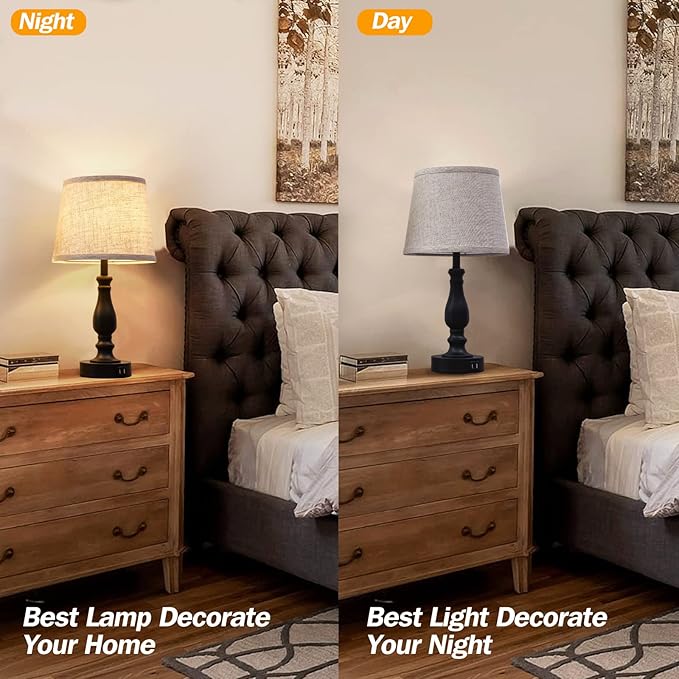 EJIAXIN Table Lamps Set of 2, Bedside Nightstand Lamps with USB Charging Ports,Dimmable Touch with Linen Fabric Lampshade, Modern Small Lamp for Bedrooms, Living Room (Bulbs Included)