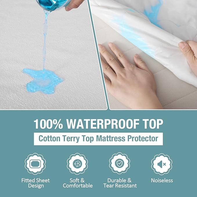 Bedecor Full XL Waterproof Mattress Protector,Soft Cotton Terry Fitted Cover for Pregnant Women and Incontinence, Fits 9-18 Inch Deep Pocket
