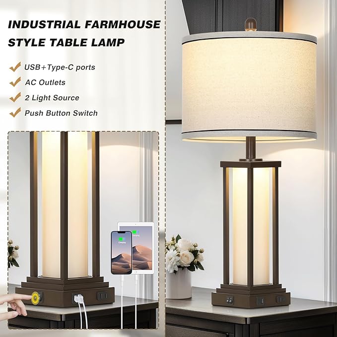 Cinkeda 27" Tall Vintage Table Lamps with USB C+A & Outlet,Brown End Table Lamp Set of 2 for Living Room,Rustic Bedside Lamps with Frosted Glass Night Light for Bedroom Nightstand,Oil-Rubbed Bronze