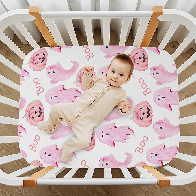 Halloween Ghosts Pink Crib Sheets Soft Breathable Fitted Baby Playard Sheets Mattress Cover for Girl Boys, 39" x 27" x 5"