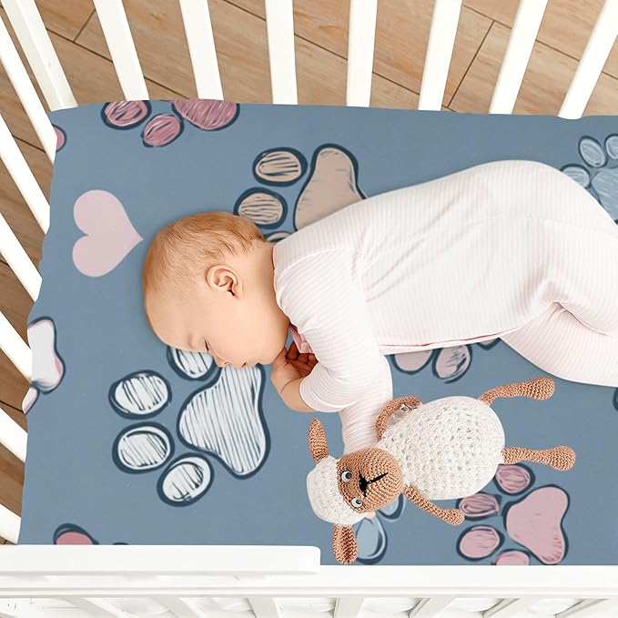 Blue Footprints Crib Sheets Standard Crib Toddler Mattresses Cover Fitted Baby Bed Sheet Breathable Crib Mattress Sheet for Girls Boys 39''x27''x9''