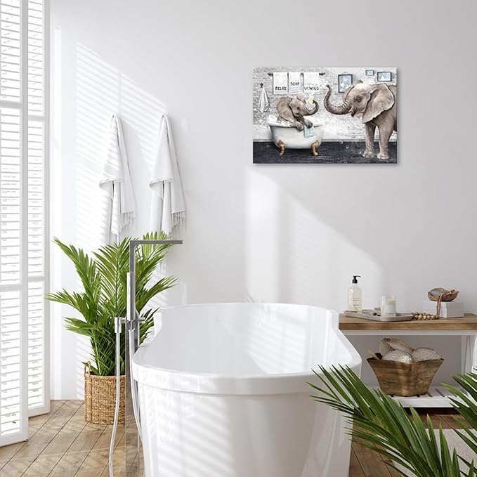 Artsbay Elephant Bathroom Wall Art Animal In Bathtub Pictures Funny Bathroom Canvas Prints Artwork For Kids Nursery Washroom 16x24inches