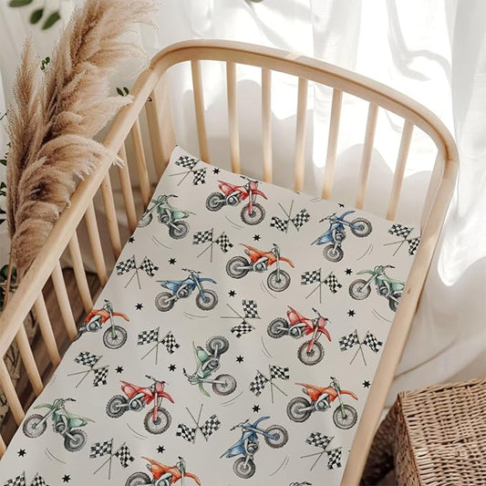 Vintage Motor Dirt Bike Baby Crib Sheet for Boys & Girls 28x52 Inch Cute Race Bikes Plaid Checker Flag Stars Baby Sheet for Standard Crib and Toddler Mattress Toddler Bed Sheet Bike One Size