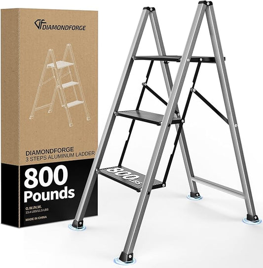 DiamondForge 3 Step Ladder,800 lbs Capacity Aluminum Ladder, Folding Step Stool for Adults, Anti-Slip Sturdy and Wide Pedal, Lightweight and Portable Stepladder for Home,Office, Kitchen