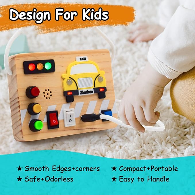 Montessori Busy Board Wooden Sensory Toys with LED Light Up Switch Travel Toys for 1+ Year Old Toddler Baby Boys Girls Gifts (Taxi Theme)