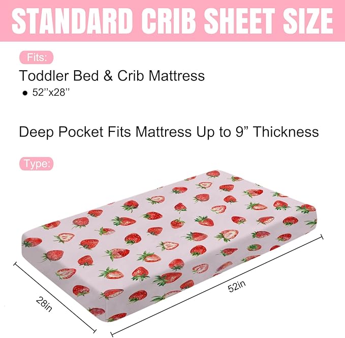 Watercolor Strawberries Baby Crib Sheet 52''x28'' Cute Strawberry Pink Stretchy Fitted Crib Mattress Covers for Boy Girl Boho Summer Fruits Soft Baby Sheets for Standard Crib and Toddler Mattress