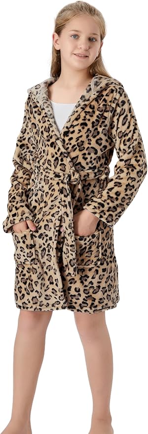 Topgal Leopard Cat Robe for Girls Fleece Toddler Kids Teen Hooded Bathrobe Size 4T-18