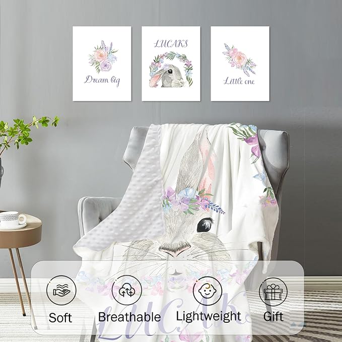 Custom Crib Bedding Set – Personalized Name Bunny Baby Bedding 5-Piece Set with Soft Blanket, Fitted Sheet, Changing Pad Cover, Rug and Wall Art – Adorable Gray Rabbit Nursery Decor for Newborn Girls