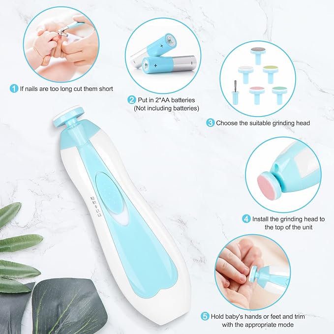 Electric Nail File Drill for Baby No Sharp Claws Hurt, 6 in 1 Safety Cutter Trimmer Clipper for Toes and Fingers (Blue)